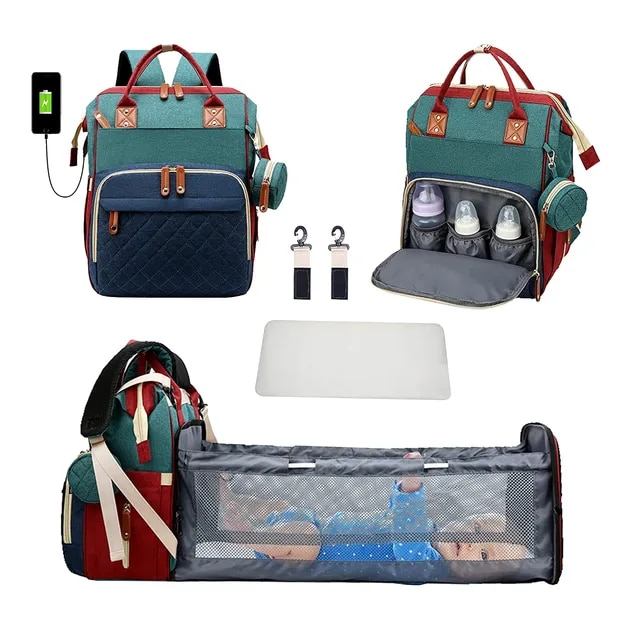 3 In 1 Diaper Bag Backpack Foldable Baby Bed Waterproof Travel Bag with USB Charge Diaper Bag Backpack with Changing Bed 3 types | Fugo Best