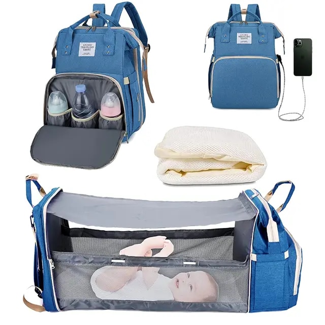 3 In 1 Diaper Bag Backpack Foldable Baby Bed Waterproof Travel Bag with USB Charge Diaper Bag Backpack with Changing Bed 3 types | Fugo Best
