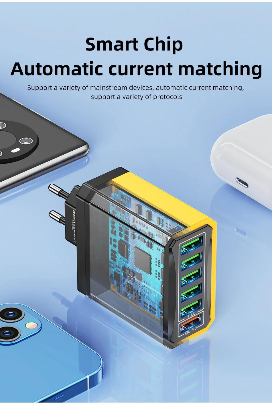 6 Ports USB Charger 3.1A Fast Charger 6 In1 Multi Charger EU US UK Plug Charger Adapter QC3.0 Quick Charger for iPhone 14 Xiaomi | Fugo Best