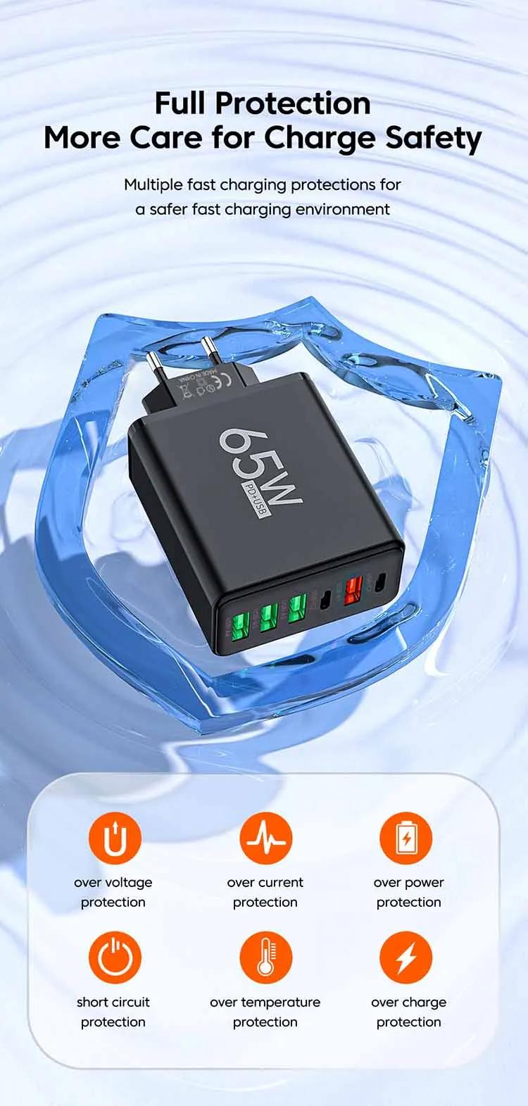 65W Fast Charger UK Plug EU US Plug 2 Ports Type C 4 Ports USB PD Fast Charger Power Adapter For iPhone 15 14 13 Xiaomi Samsung | Fugo Best