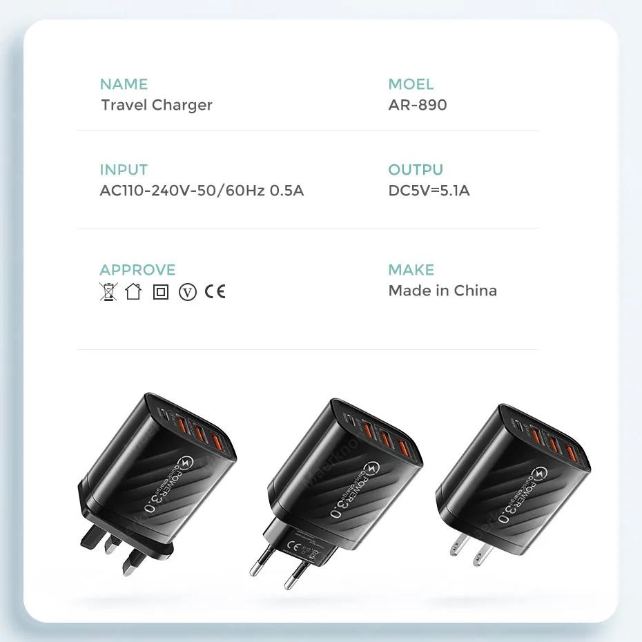 48W USB Charger 4Port Type C Quick Charge QC 3.0 For Samsung Xiaomi mi10 Huawei Charger adapter For Smartphones PD Fast Charging | Fugo Best