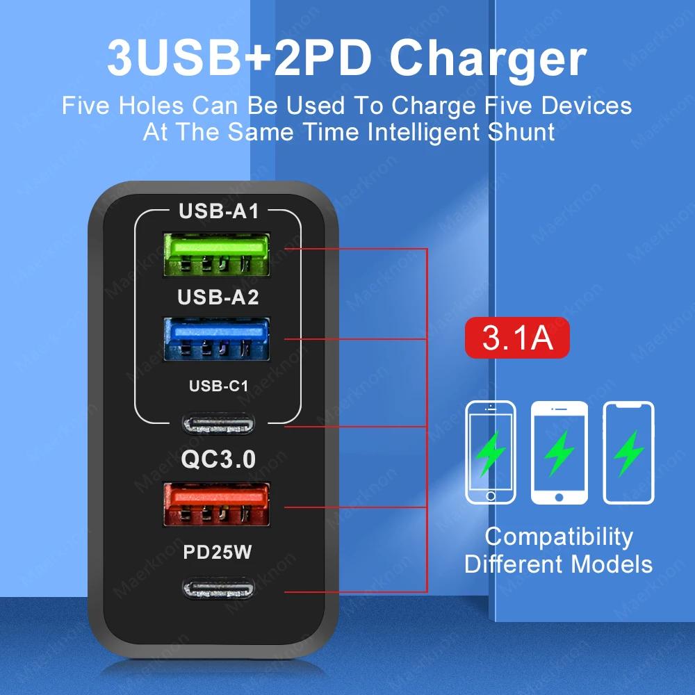5 Ports 65W GaN Fast Charger PD USB Type C Phone Charger Power Adapter For iPhone 14 13 Xiaomi Samsung Quick Charge Wall Charger | Fugo Best