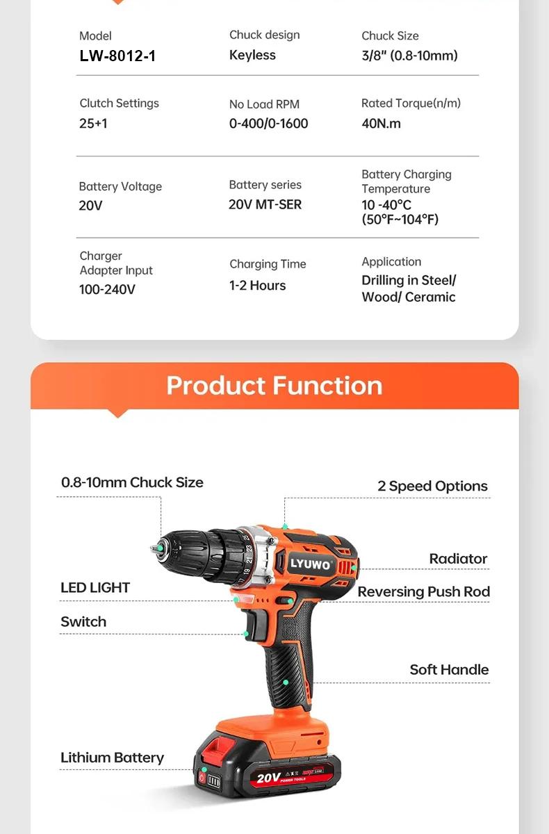 LYUWO Cordless Drill 40N Electric Screwdriver With Screwdriver Head, Two Wireless Power Drive Battery Tools | Fugo Best