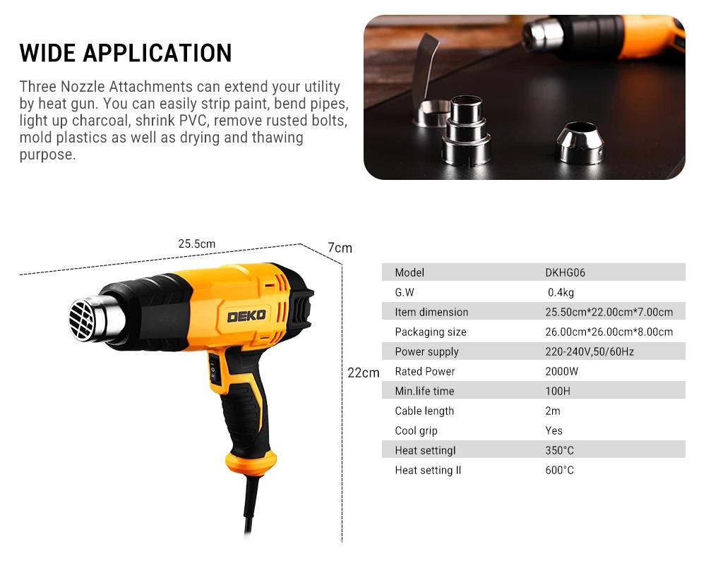 DEKO DKHG06 2000W Heat Gun 2 Temperature Adjustment 3 Accessories Advanced Electric Hot Air Gun Electric Tools | Fugo Best