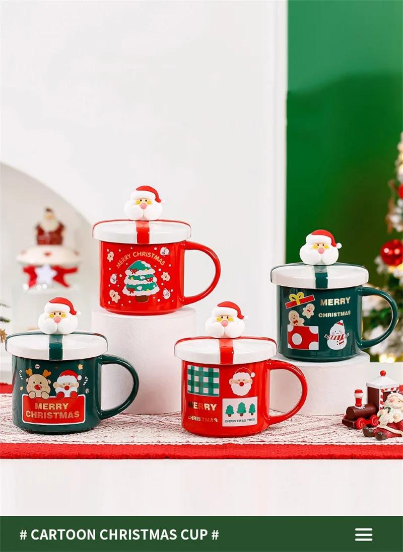 Christmas Mug With Lid and Spoon Santa Claus Ceramic Coffee Cup Elk Snowman Couple water cup Breakfast Dessert Milk Mug Xmas Gif | Fugo Best