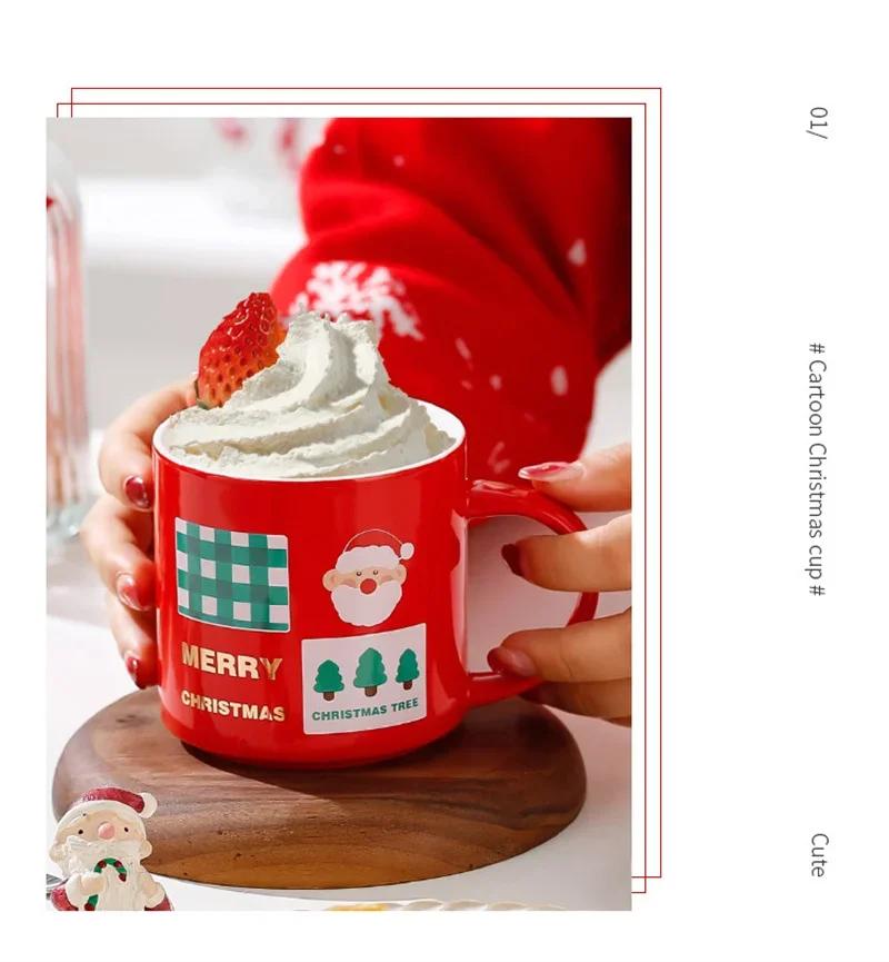 Christmas Mug With Lid and Spoon Santa Claus Ceramic Coffee Cup Elk Snowman Couple water cup Breakfast Dessert Milk Mug Xmas Gif | Fugo Best