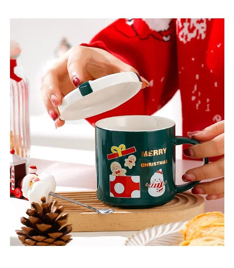 Christmas Mug With Lid and Spoon Santa Claus Ceramic Coffee Cup Elk Snowman Couple water cup Breakfast Dessert Milk Mug Xmas Gif | Fugo Best