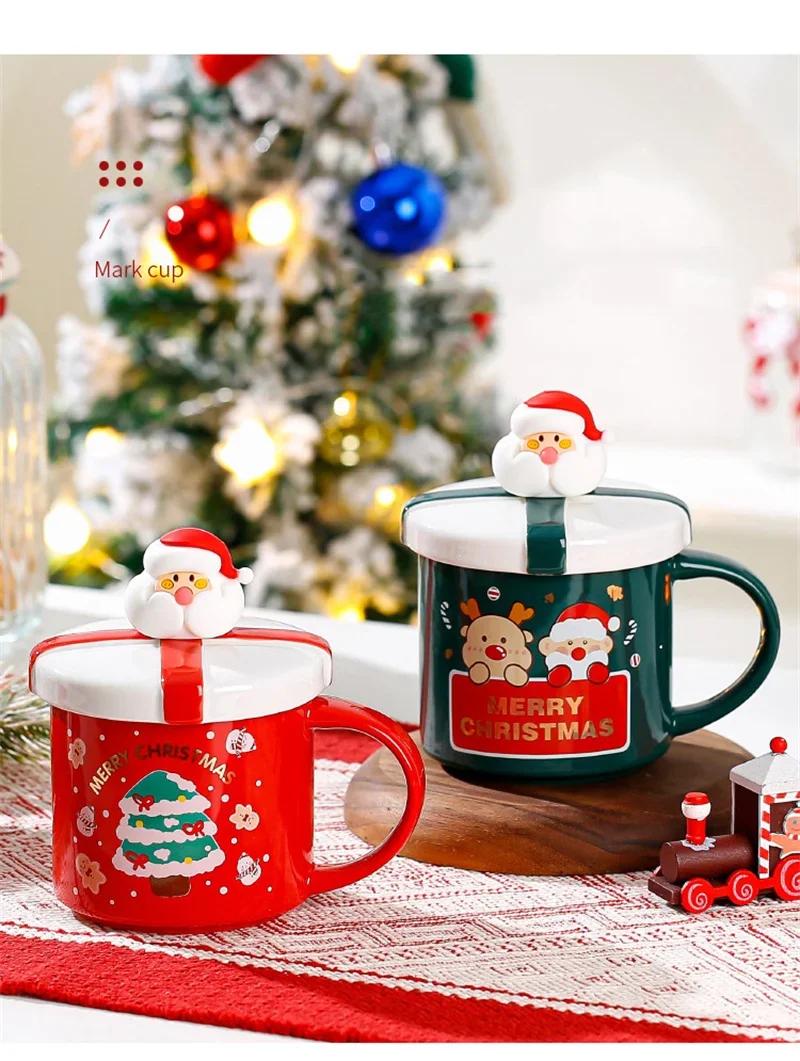 Christmas Mug With Lid and Spoon Santa Claus Ceramic Coffee Cup Elk Snowman Couple water cup Breakfast Dessert Milk Mug Xmas Gif | Fugo Best