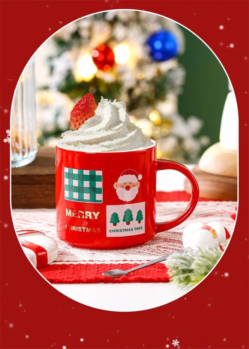 Christmas Mug With Lid and Spoon Santa Claus Ceramic Coffee Cup Elk Snowman Couple water cup Breakfast Dessert Milk Mug Xmas Gif | Fugo Best