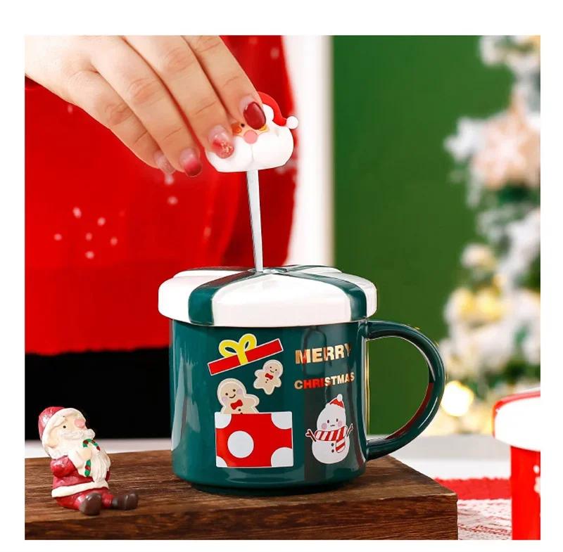 Christmas Mug With Lid and Spoon Santa Claus Ceramic Coffee Cup Elk Snowman Couple water cup Breakfast Dessert Milk Mug Xmas Gif | Fugo Best