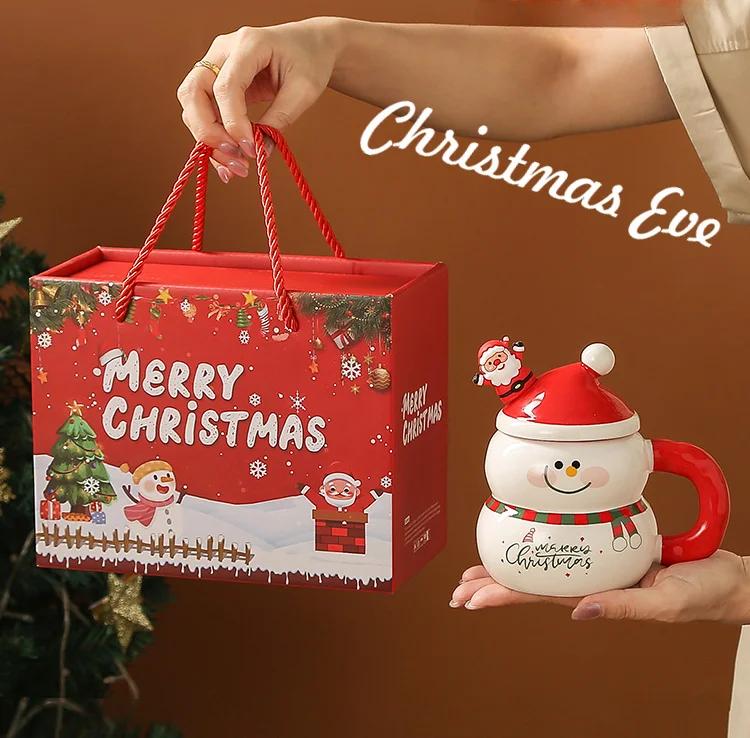 400ML Christmas Mug Christmas Snowman Ceramic Cup With Lid Handle Creative Couple Xmas Gift Milk Coffee Cup For Home With Box | Fugo Best