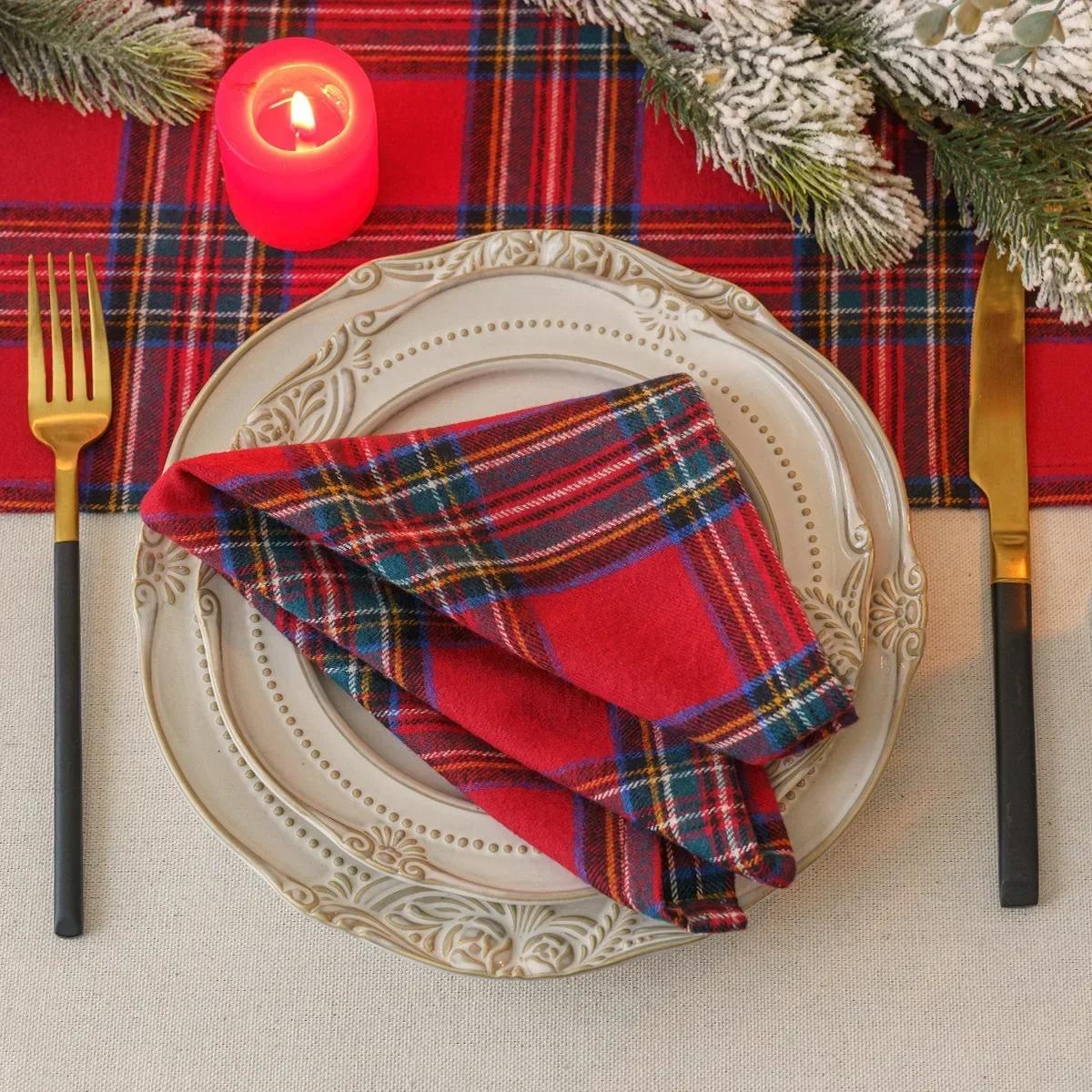Set of 12 Christmas Plaid Napkins Washable 30x45cm Reusable Cloth Napkins for Wedding Baby Show Party Thanksgiving Christmas | Fugo Best