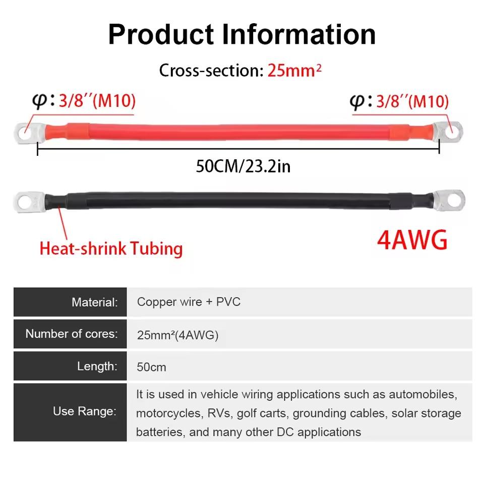 30/50CM 2AWG/4AWG PVC Pure Copper Cable Car Battery Connection Line Wire With 3/8 M10 Connecting Piece For Inverter Car Solar | Fugo Best