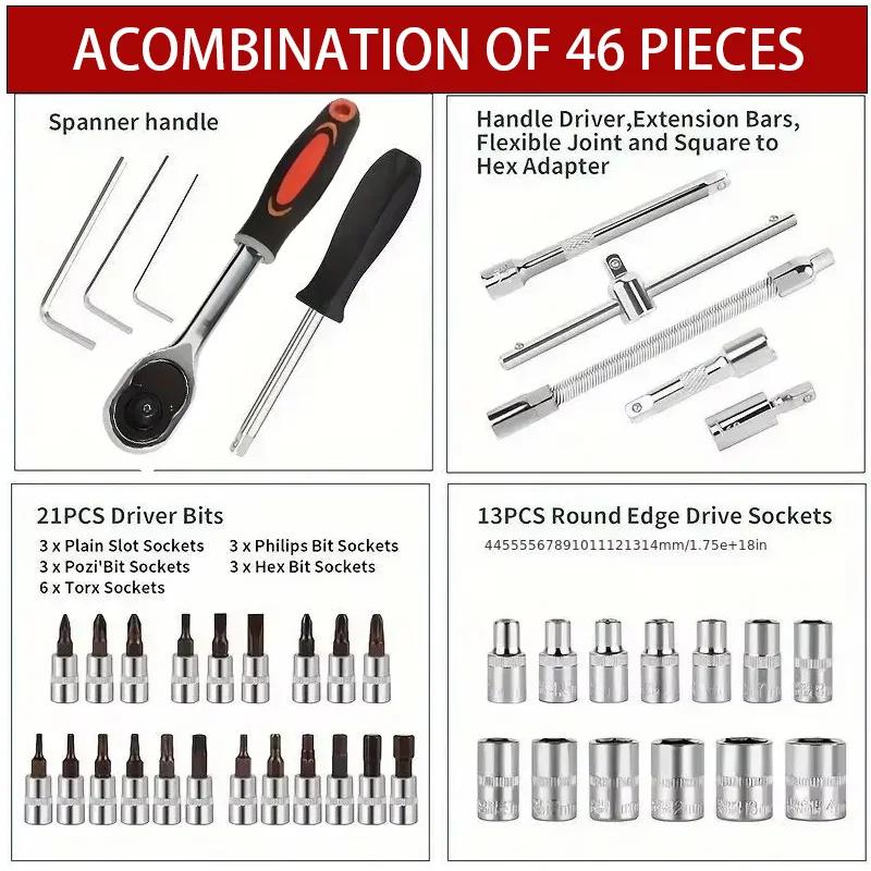 Drive Socket Set Ratchet Wrench Set Car Tool Kit, Bit Socket Wrench Set Metric Mechanic Tool Set Car accessories | Fugo Best