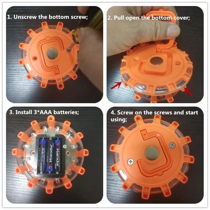 3 Pack LED Road Flares Flashing Emergency Warning Light Help Flash Waterproof Roadside Safety Disc Magnetic Base Flashing Flare | Fugo Best