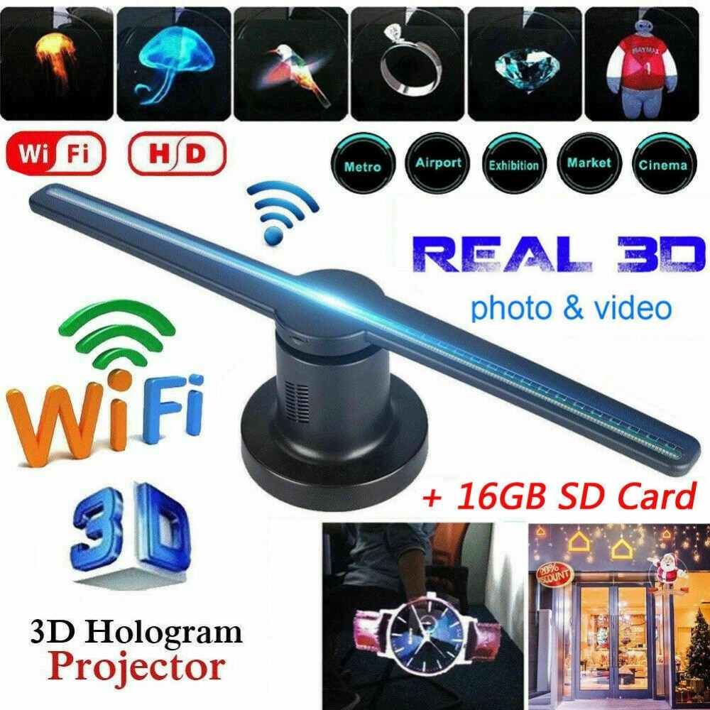 Wifi 3D Hologram Projector Fan 638 LED Holographic Imaging Lamp Player 3D Remote Advertising Display Projector Light With 16G TF | Fugo Best