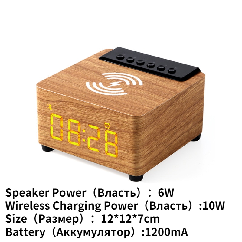 Alarm Clock Wooden Wireless Bluetooth 5.0 Speaker Fast Wireless Charger Surround 3D Stereo Boombox with Subwoofer Sound Box | Fugo Best