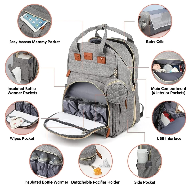 3 In 1 Diaper Bag Backpack Foldable Baby Bed Waterproof Travel Bag with USB Charge Diaper Bag Backpack with Changing Bed 3 types | Fugo Best