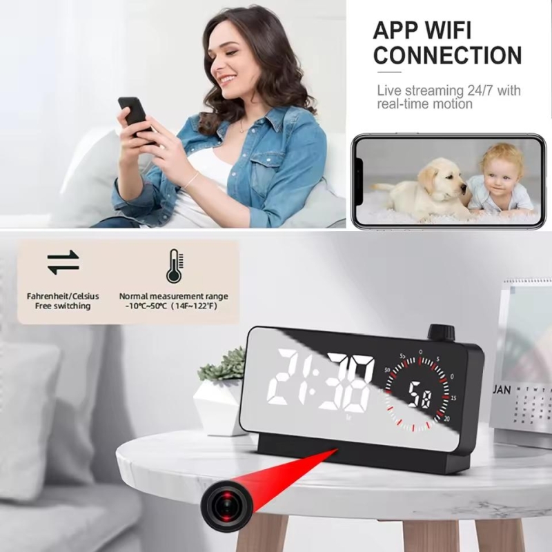 Countdown Alarm Clock 1080P WiFi Camera HD Digital Clock, Motion Detection Security Cam, USB-Powered Home Nanny Cam | Fugo Best