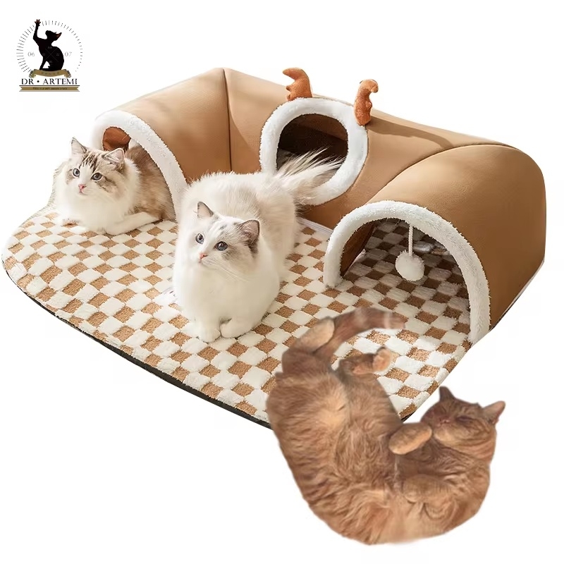 Warm Pet House Cat Tunnel Bed with Peekaboo Plush Ballet Toy Indoor Kitten Tube Accent for Multiple Cats Small for Rabbit | Fugo Best