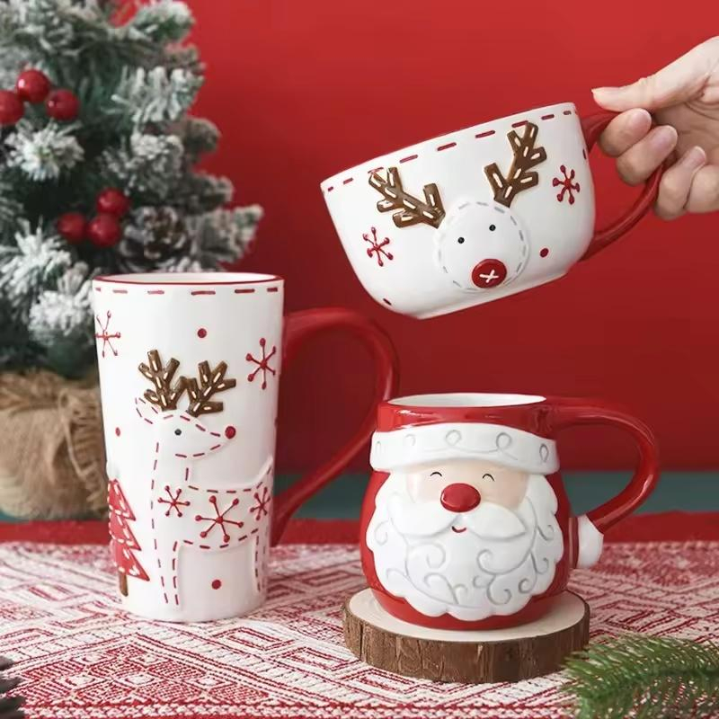 Christmas Creative Ceramic Mug Santa Claus Elk Embossed Coffee Cup Breakfast oatmeal Milk cups Home Water Cup Christmas Gift | Fugo Best