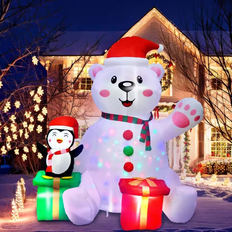 6FT Christmas Inflatables Outdoor Decorations Polar Bear Inflatable with Penguin Blow up with LED Light for Xmas Outdoor Decor | Fugo Best