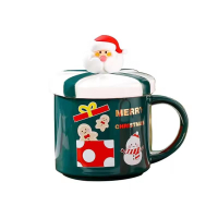 Christmas Mug With Lid and Spoon Santa Claus Ceramic Coffee Cup Elk Snowman Couple water cup Breakfast Dessert Milk Mug Xmas Gif | Fugo Best